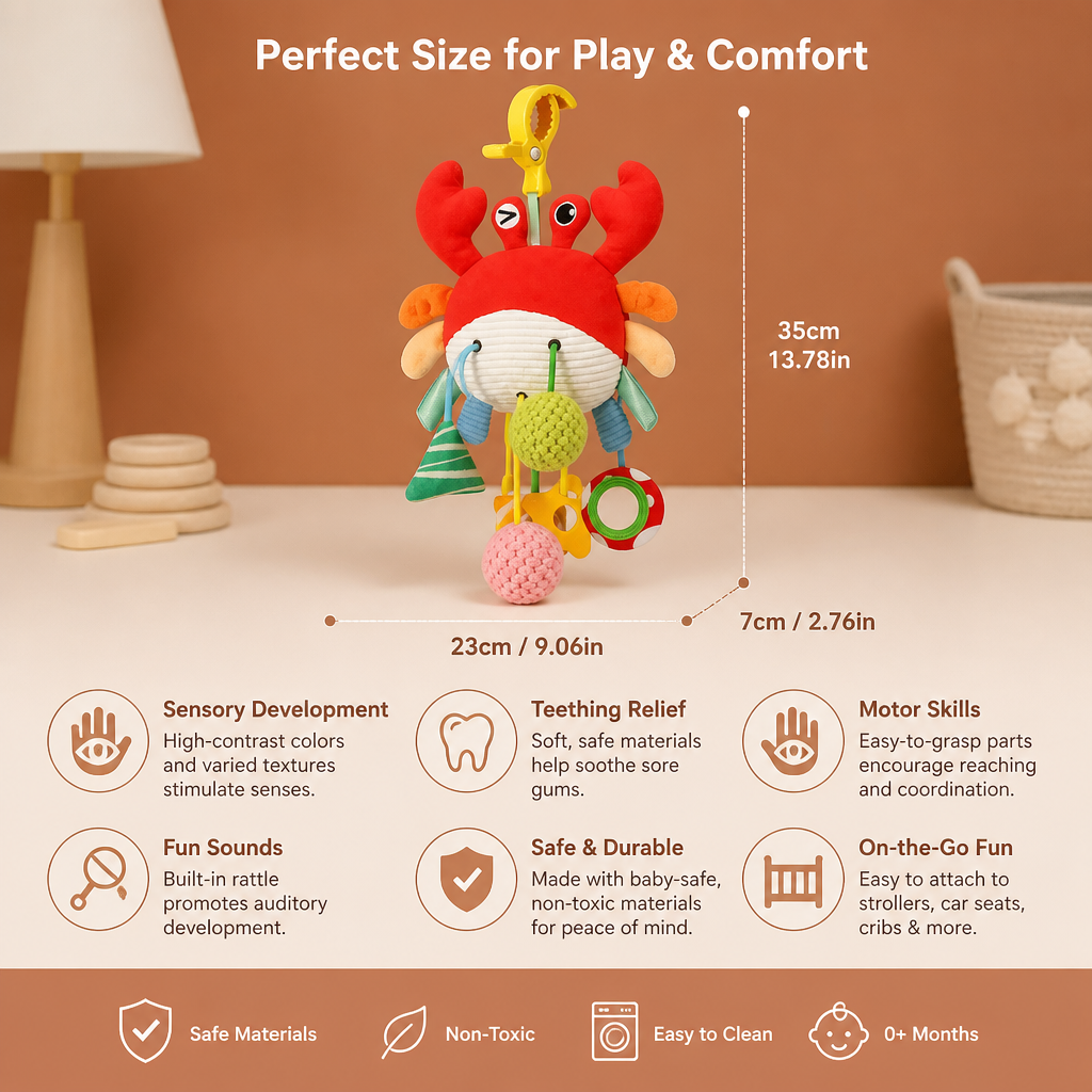 Crab Activity Toy with Pull Cord, Rattle & Teether for Babies