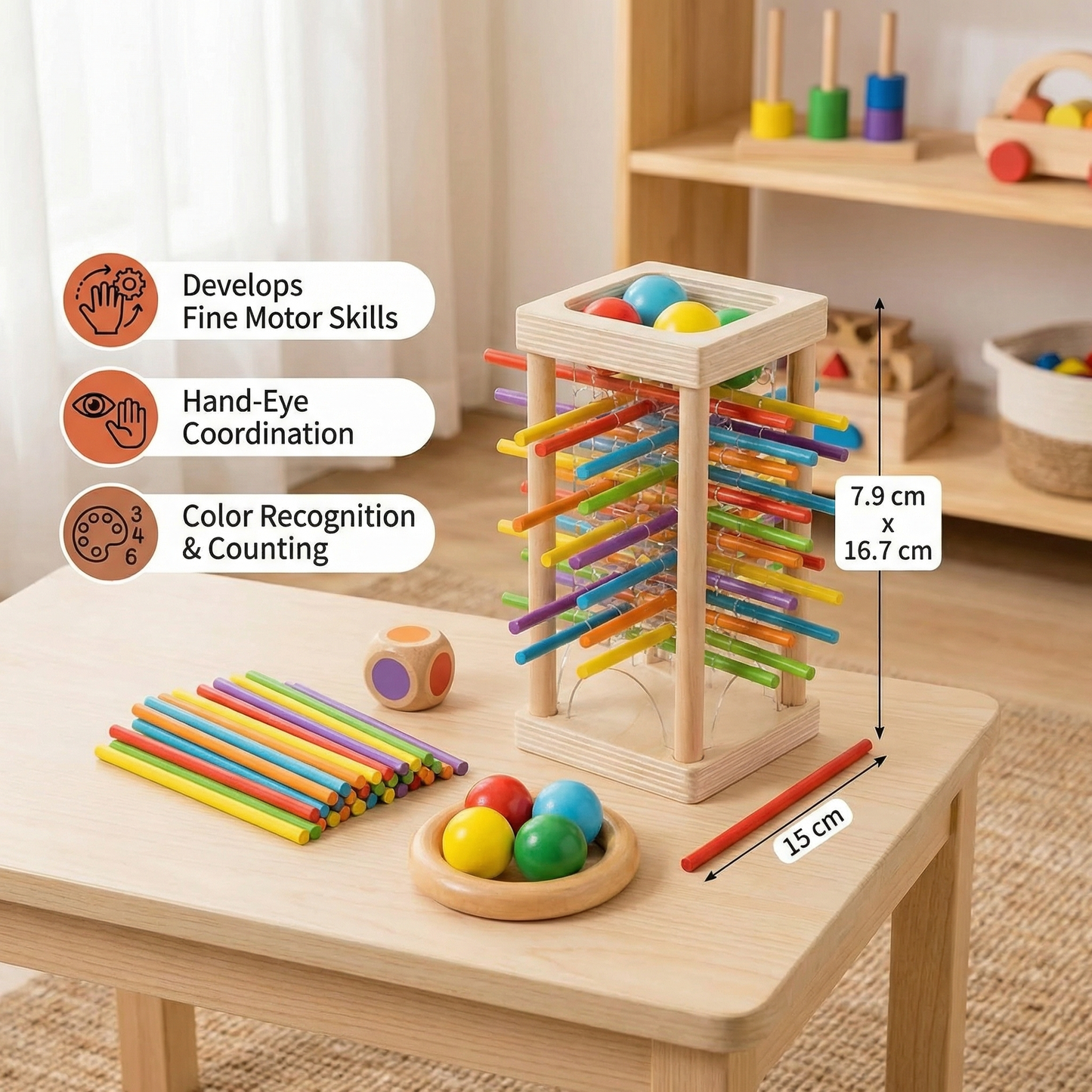 Educational 3-in-1 wooden ball and stick dexterity game
