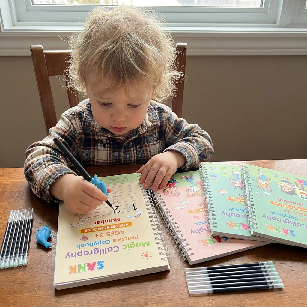 Magic Reusable Grooved Handwriting Practice Books with Disappearing Ink Pens