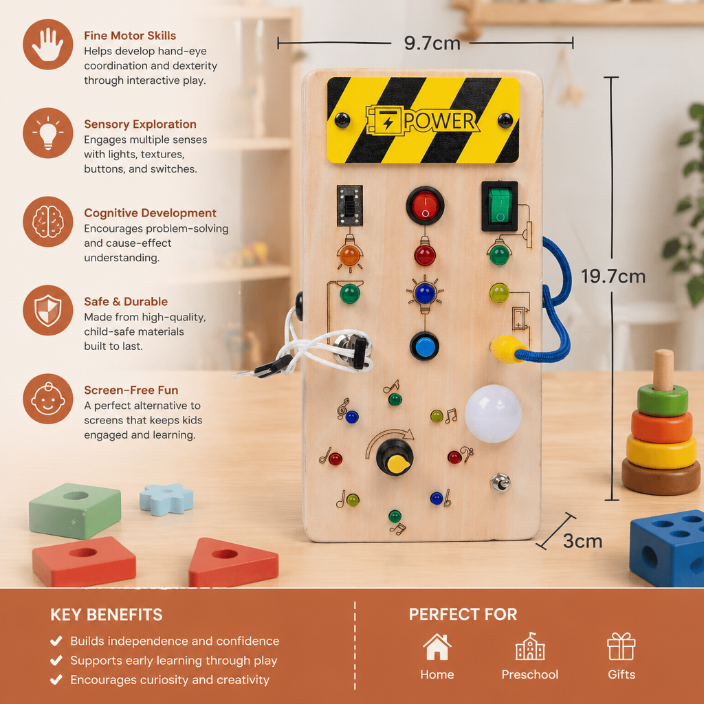 Montessori Wooden Sensory Board with Lights & Switches – Motor Skills Toy for Kids