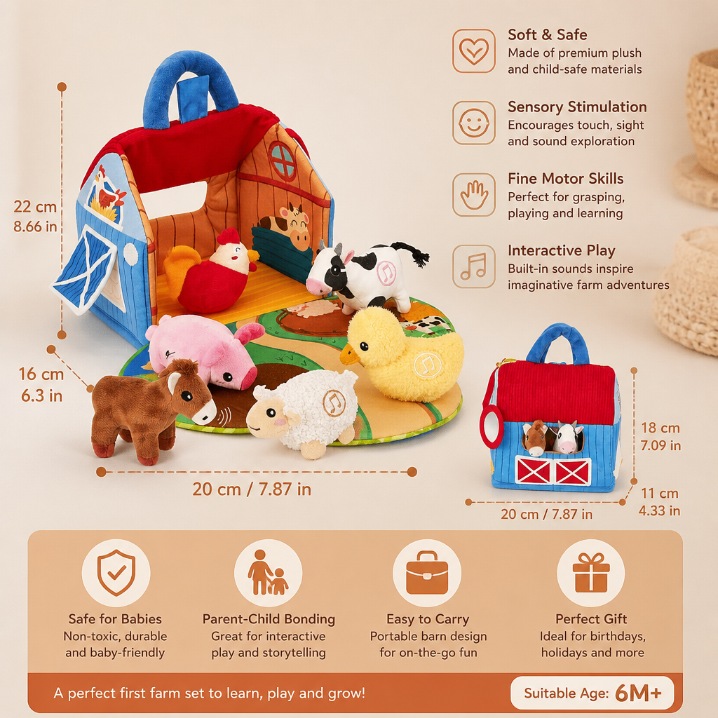 Farm Plush Toy Playset – Interactive Educational Toy with Portable Playhouse