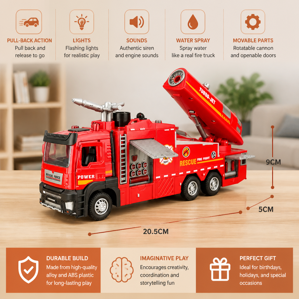 Pull-Back Fire Truck Toy with Water Spray, Lights & Sounds