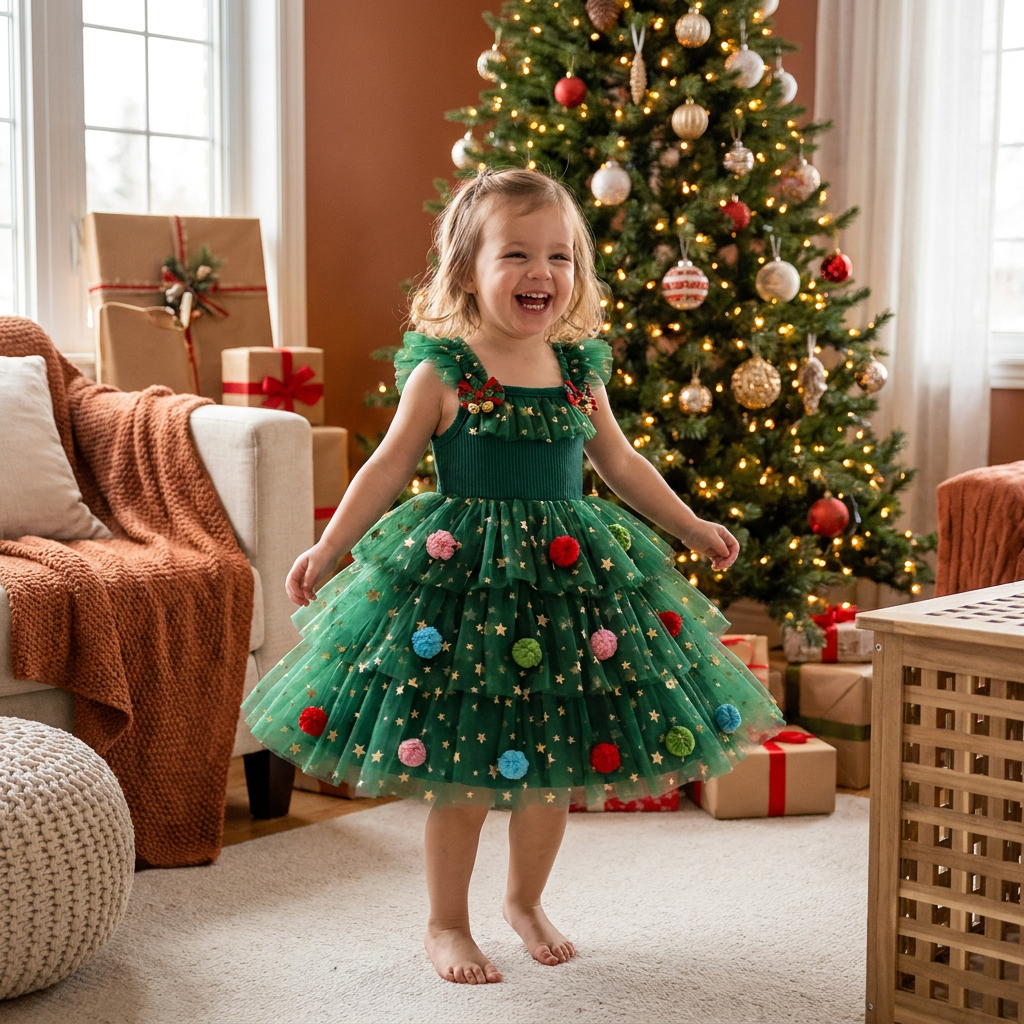 Girls’ Christmas Tutu Dress with Pom-Poms, Sequin Stars & Ruffled Sleeves