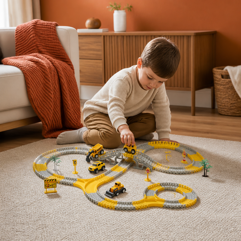 Construction Truck Race Track Playset with Bridge, Vehicles & Road Signs