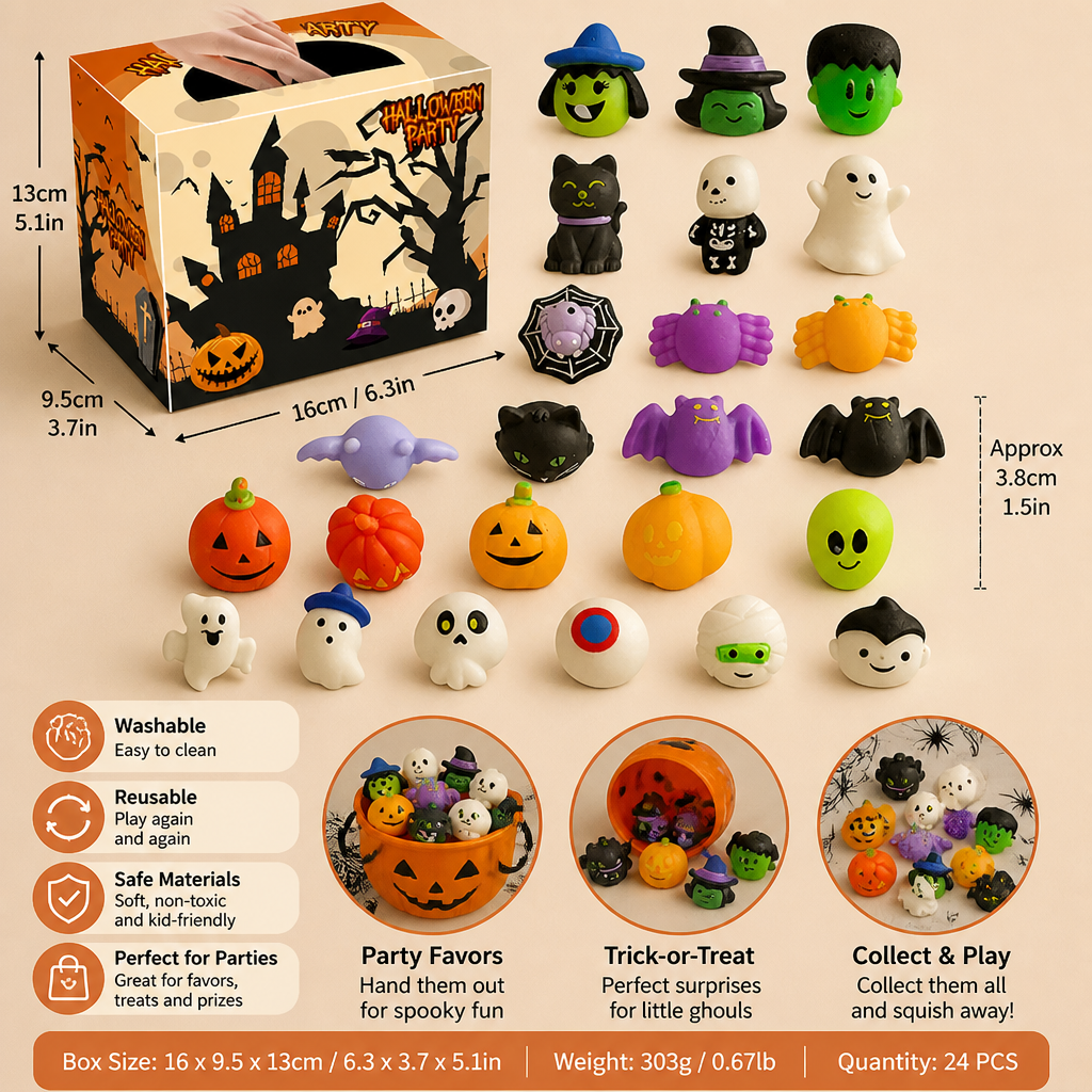 Washable & Reusable Halloween Squishy Toy Set for Party Favors and Trick-or-Treating