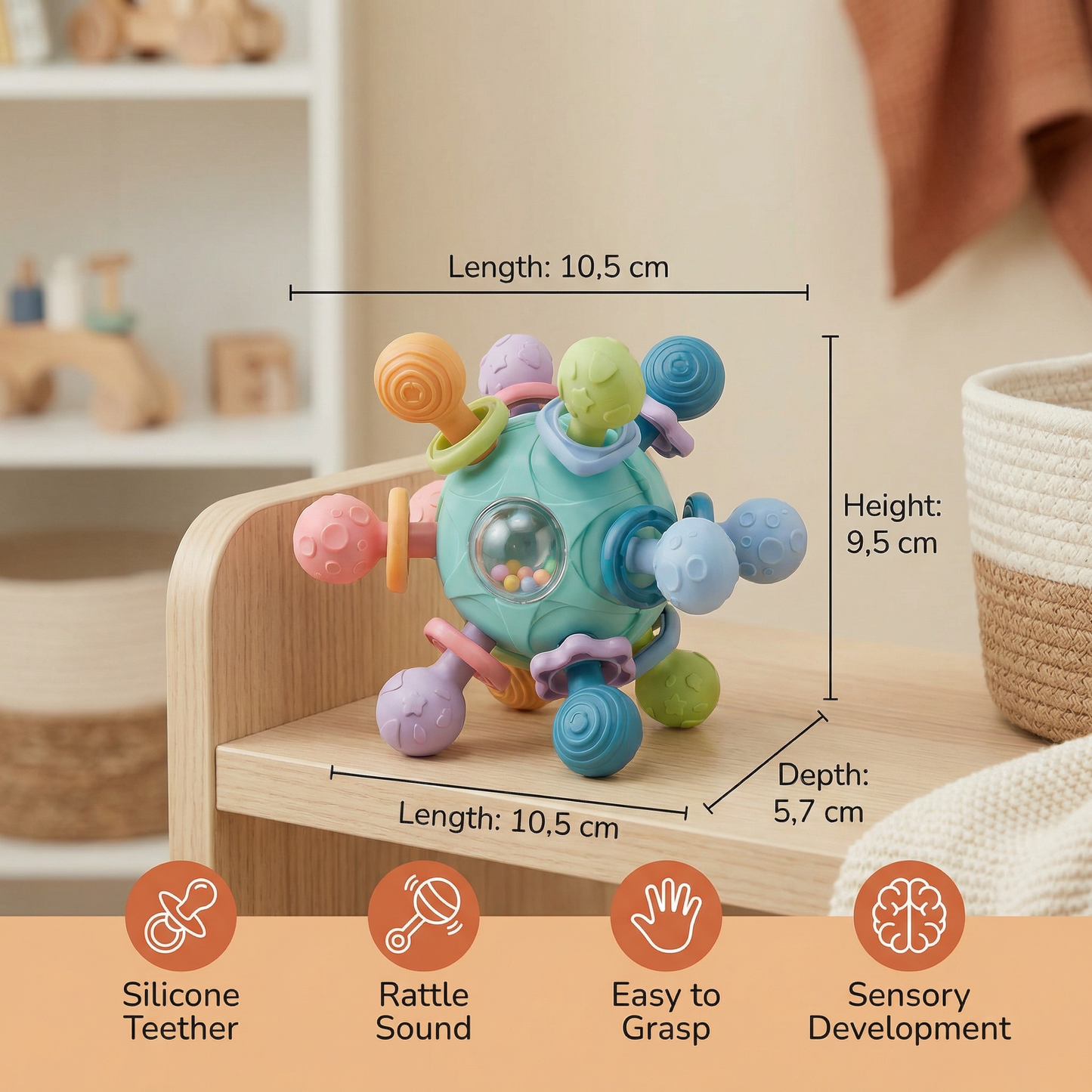 Sensory Baby Grasping Ball with Silicone Teether and Rattle