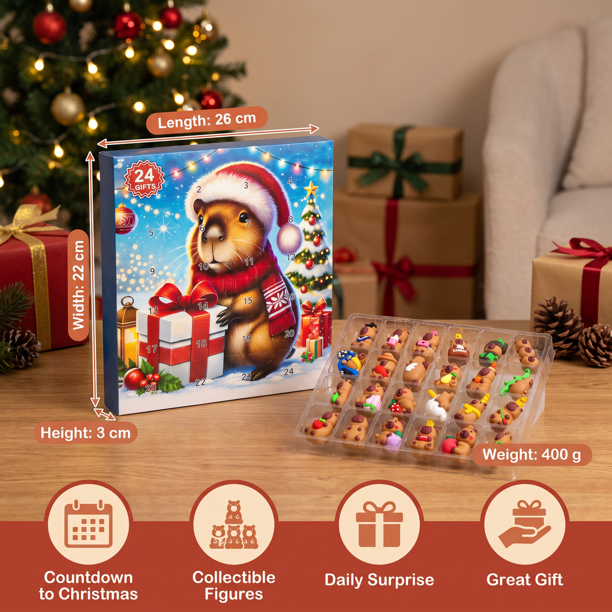 24-Day Capybara Christmas Advent Calendar - 24 Cute Mini Figures