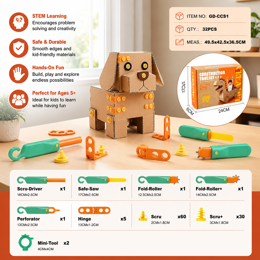 Safe 100-Piece STEM Cardboard Construction Kit with Tool Set for Kids