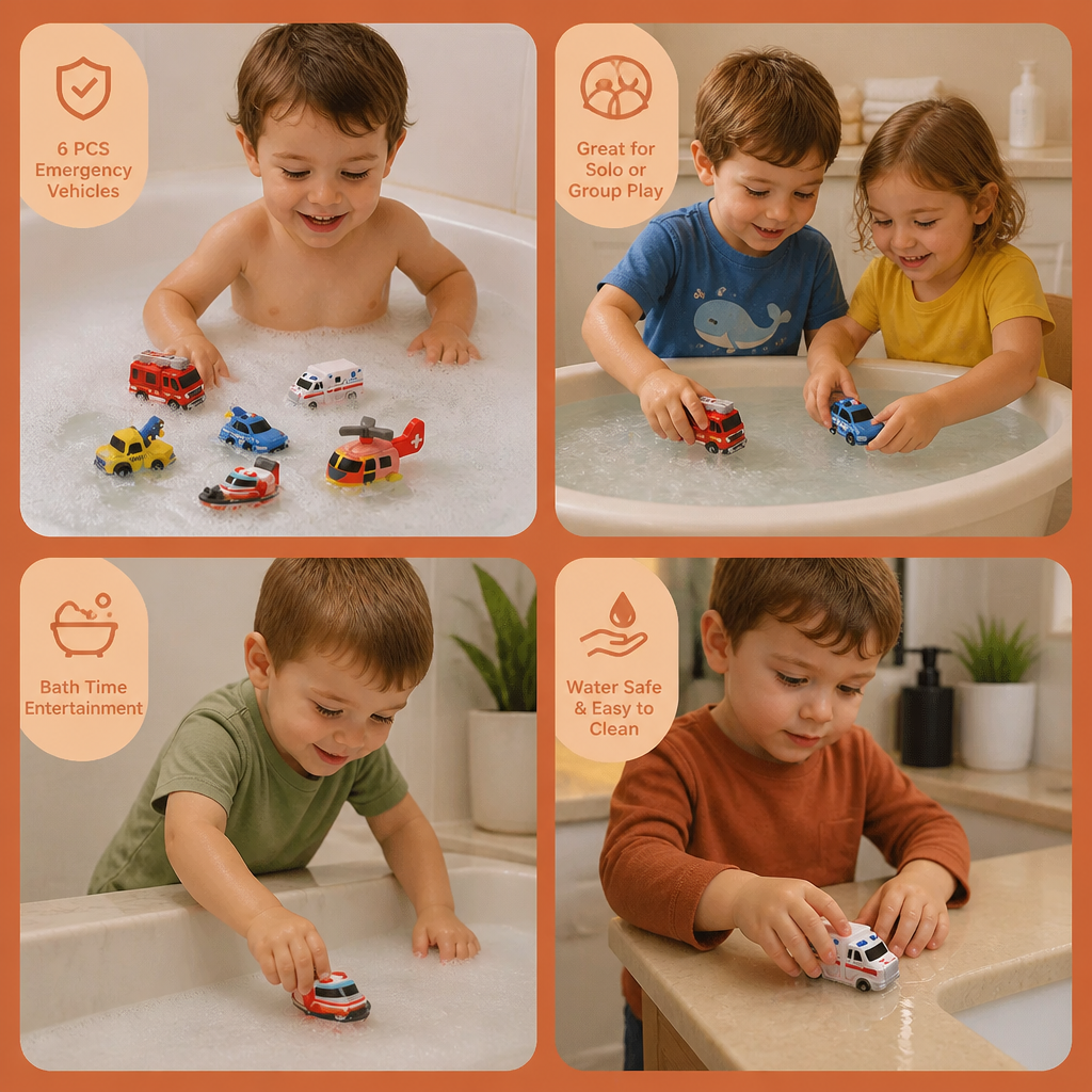 6-Pack Color-Changing Emergency Vehicle Bath Toys for Babies & Toddlers