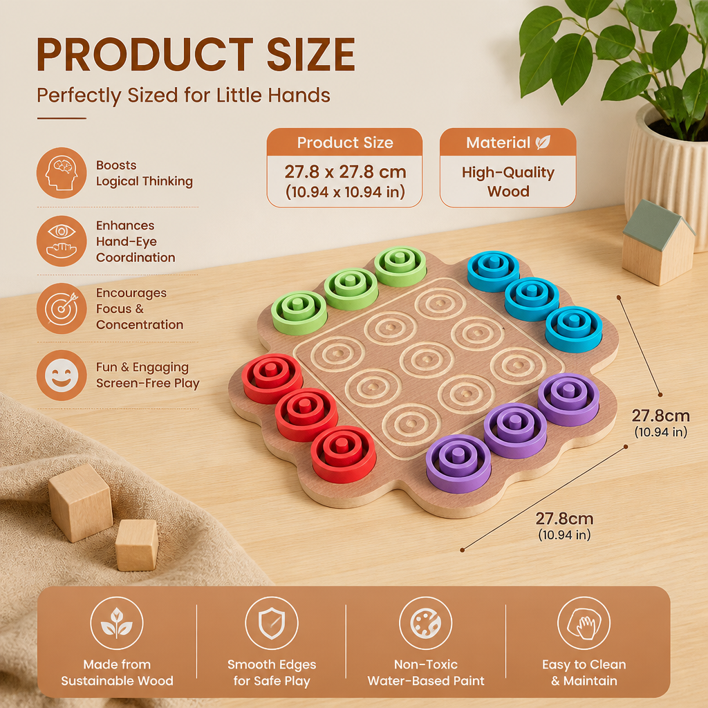 Early Educational 3-Level Wooden Tic-Tac-Toe Strategy Game