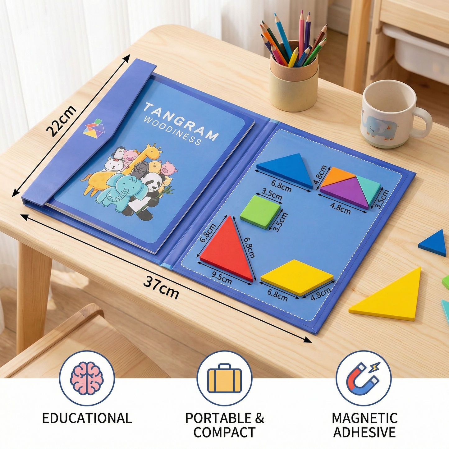Portable Montessori Wooden Magnetic Tangram Puzzle Book Learning Toy