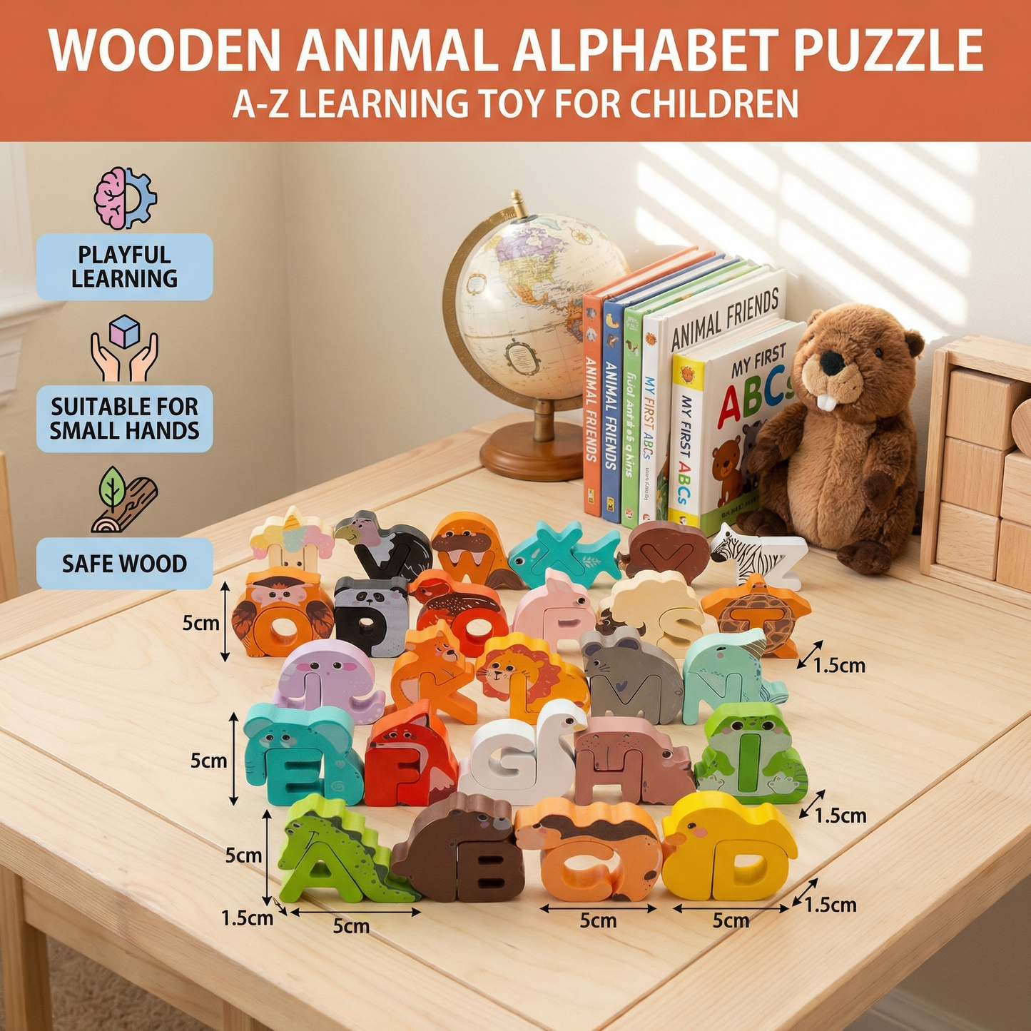 Wooden Animal Alphabet Puzzle – A-Z Learning Toy for Children