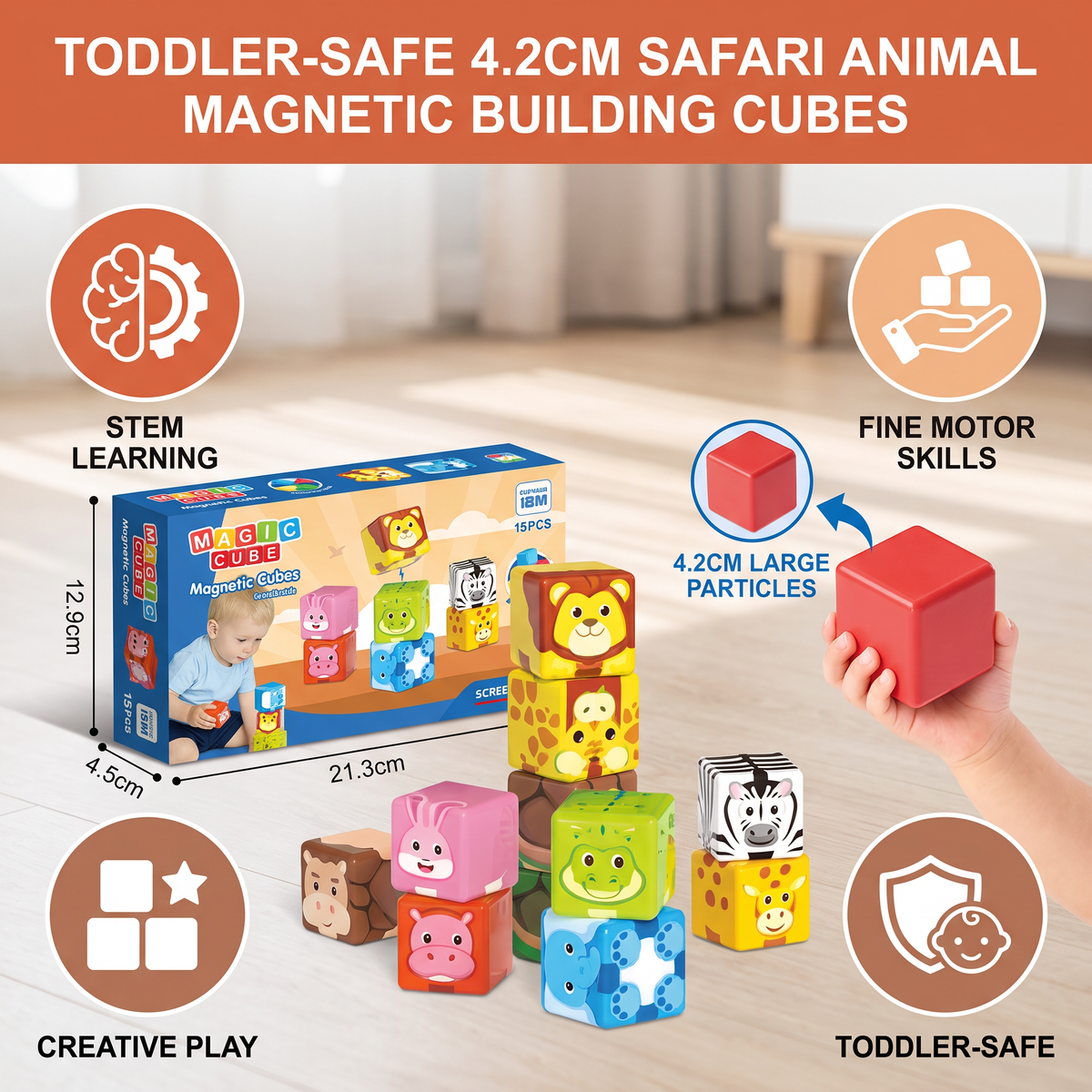 Toddler-Safe 4.2 cm Safari Animal Magnetic Building Cubes – STEM Learning Blocks