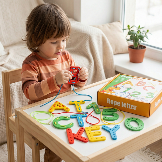 Letters, Numbers, and Colors Stringing Learning Game Made of Wood