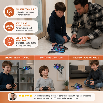Durable Foam RC Fighter Jet Drone for Indoor & Outdoor Flying – 360° Flips & LED Lights