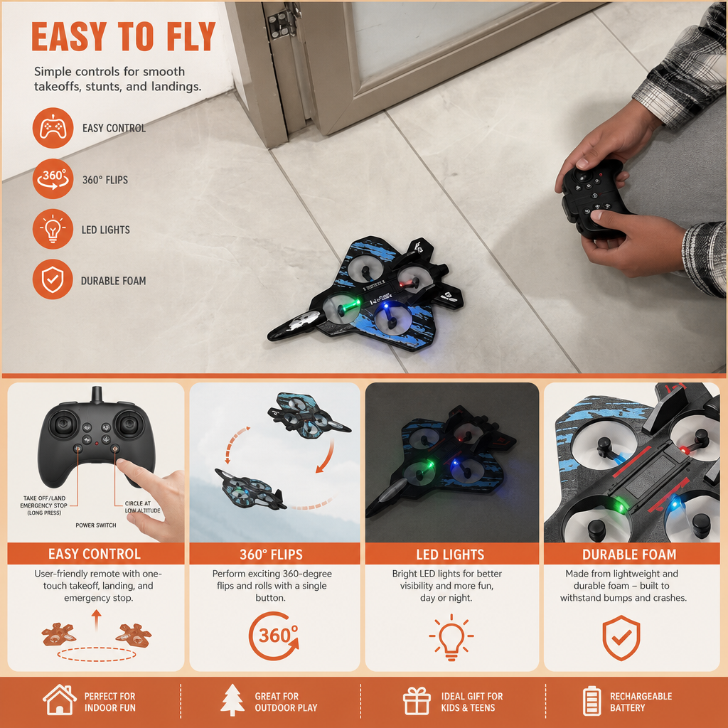 Durable Foam RC Fighter Jet Drone for Indoor & Outdoor Flying – 360° Flips & LED Lights