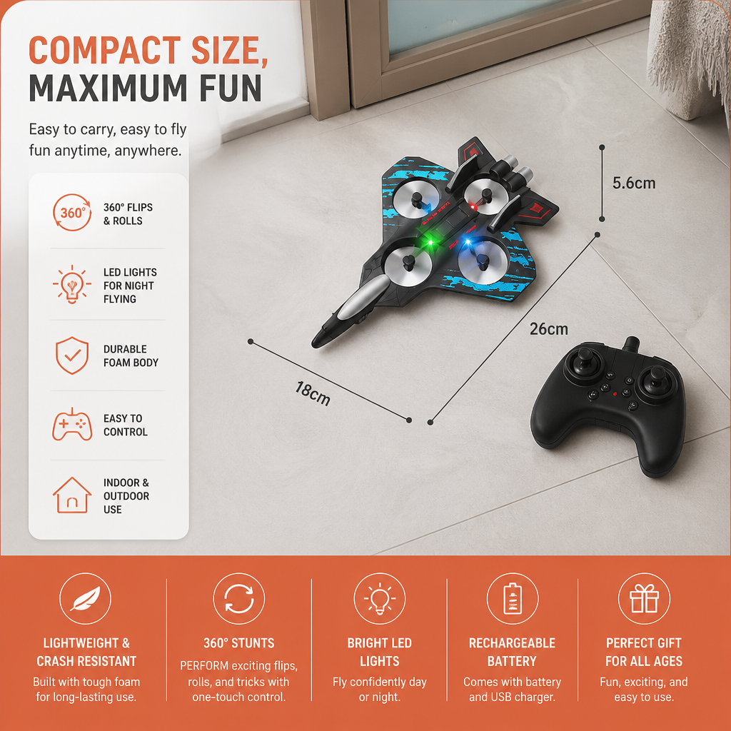 Durable Foam RC Fighter Jet Drone for Indoor & Outdoor Flying – 360° Flips & LED Lights