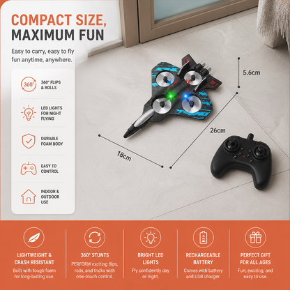 Durable Foam RC Fighter Jet Drone for Indoor & Outdoor Flying – 360° Flips & LED Lights