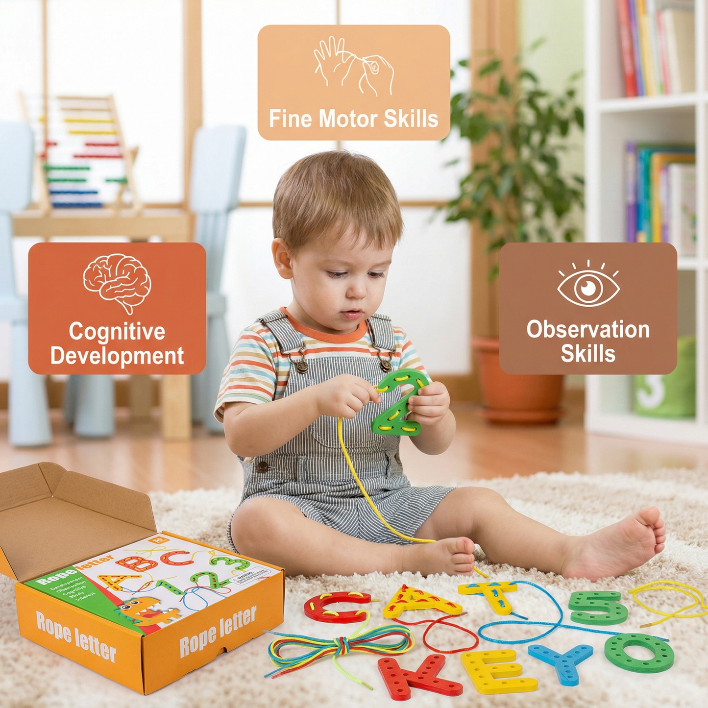 Letters, Numbers, and Colors Stringing Learning Game Made of Wood