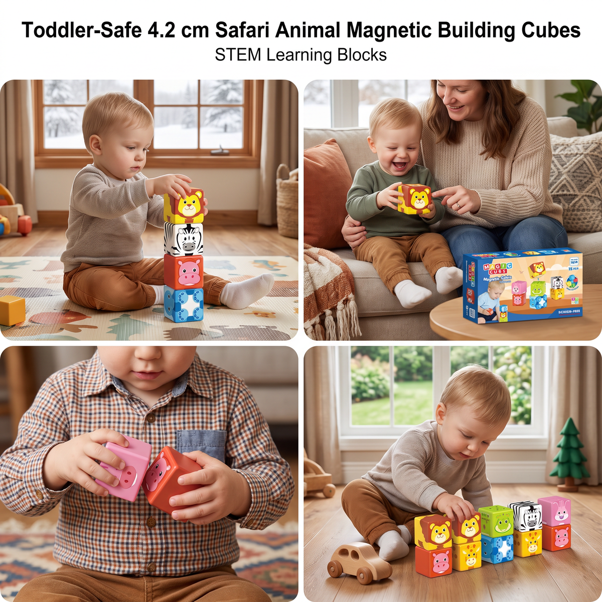 Toddler-Safe 4.2 cm Safari Animal Magnetic Building Cubes – STEM Learning Blocks