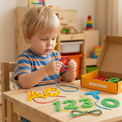 Letters, Numbers, and Colors Stringing Learning Game Made of Wood