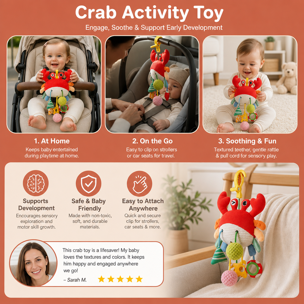 Crab Activity Toy with Pull Cord, Rattle & Teether for Babies