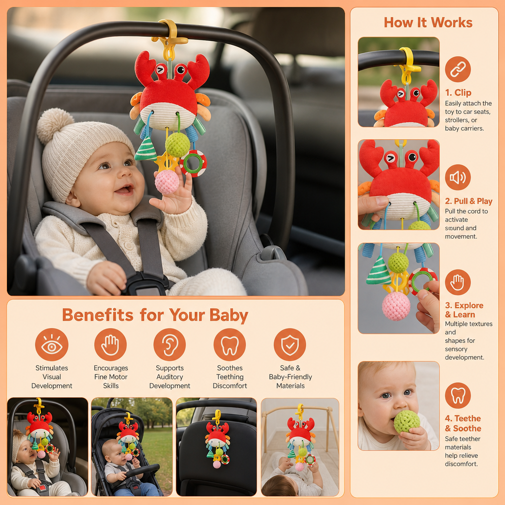 Crab Activity Toy with Pull Cord, Rattle & Teether for Babies