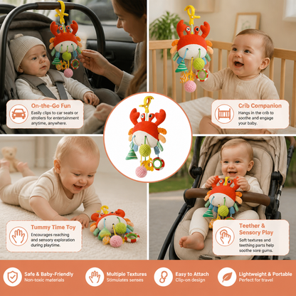 Crab Activity Toy with Pull Cord, Rattle & Teether for Babies