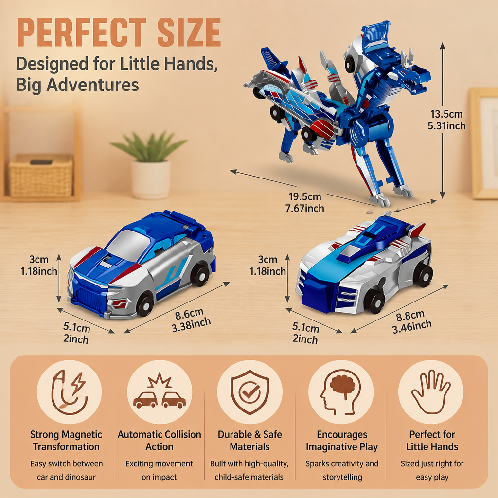 2-in-1 Magnetic Transforming Car & Dinosaur Toy with Automatic Collision Action