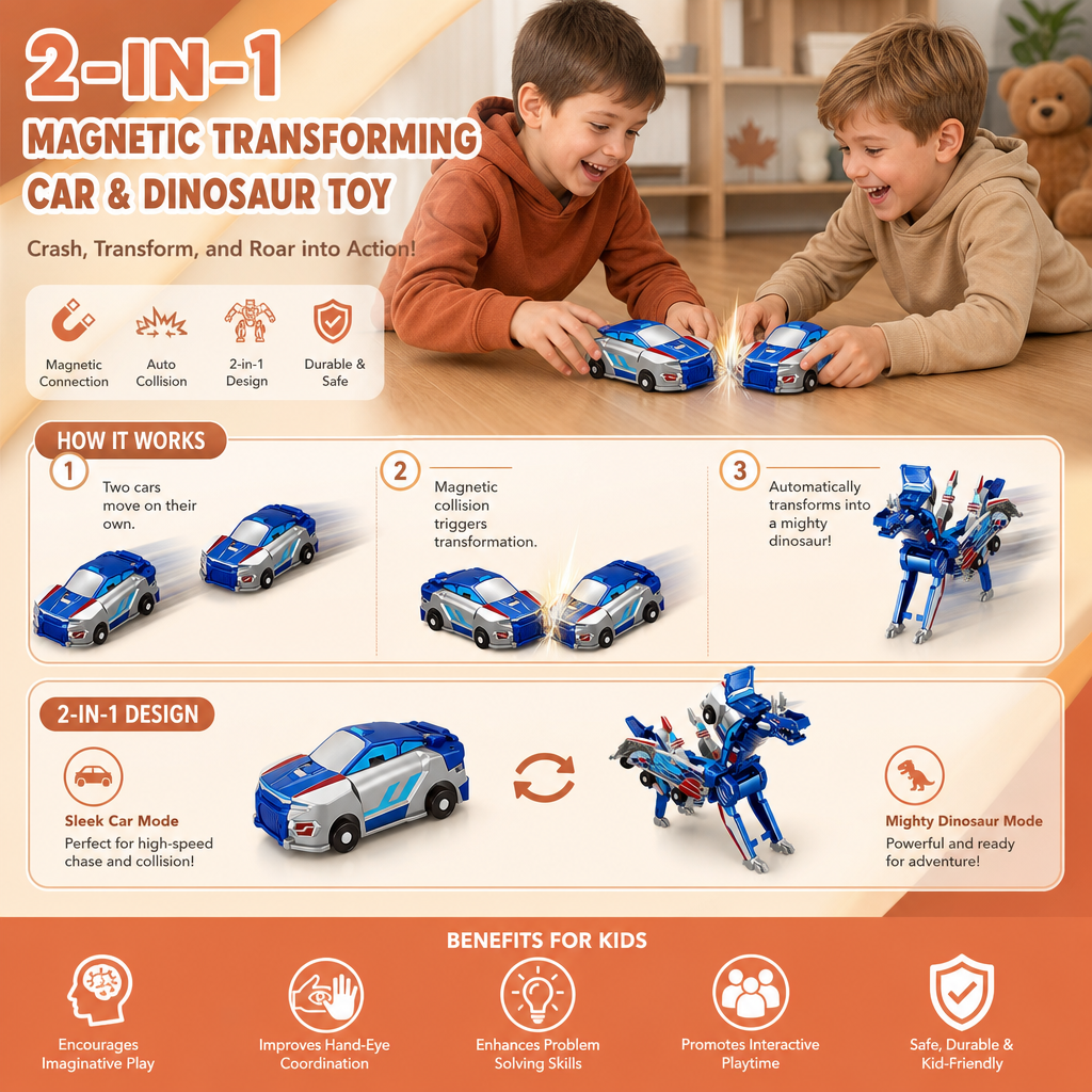 2-in-1 Magnetic Transforming Car & Dinosaur Toy with Automatic Collision Action