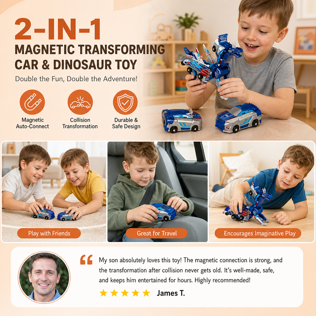 2-in-1 Magnetic Transforming Car & Dinosaur Toy with Automatic Collision Action