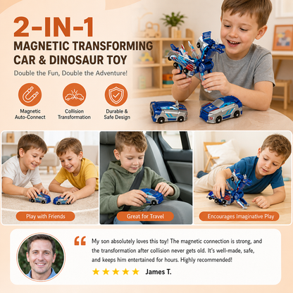 2-in-1 Magnetic Transforming Car & Dinosaur Toy with Automatic Collision Action