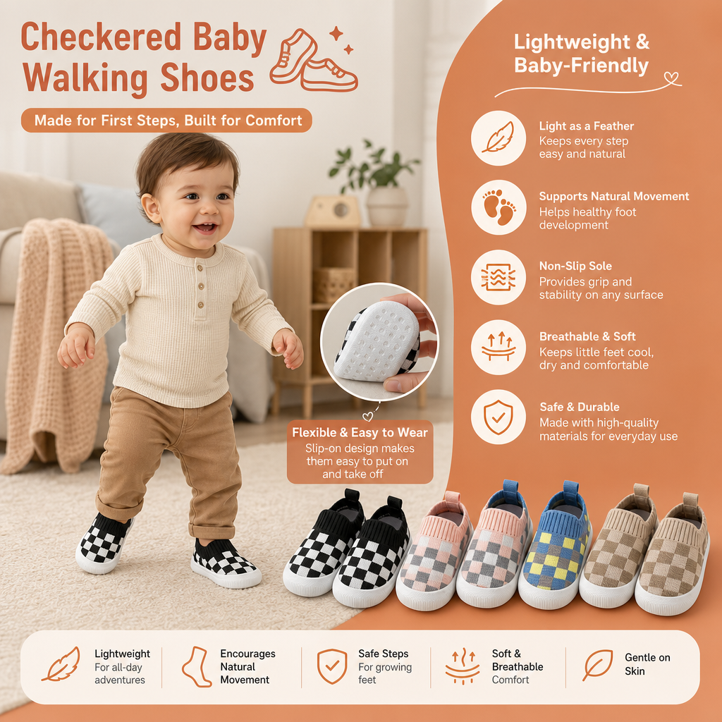 Checkered Lightweight Baby Walking Shoes with Soft, Non-Slip Soles