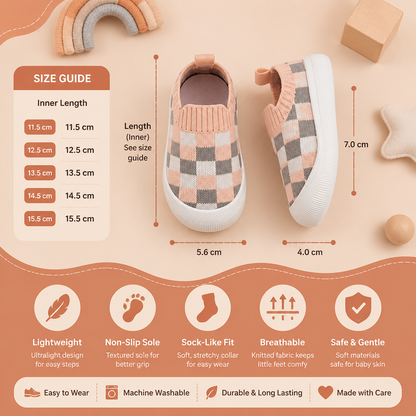 Checkered Lightweight Baby Walking Shoes with Soft, Non-Slip Soles