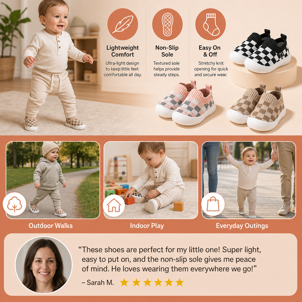 Checkered Lightweight Baby Walking Shoes with Soft, Non-Slip Soles