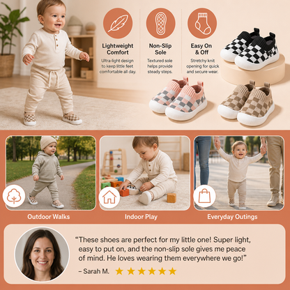 Checkered Lightweight Baby Walking Shoes with Soft, Non-Slip Soles