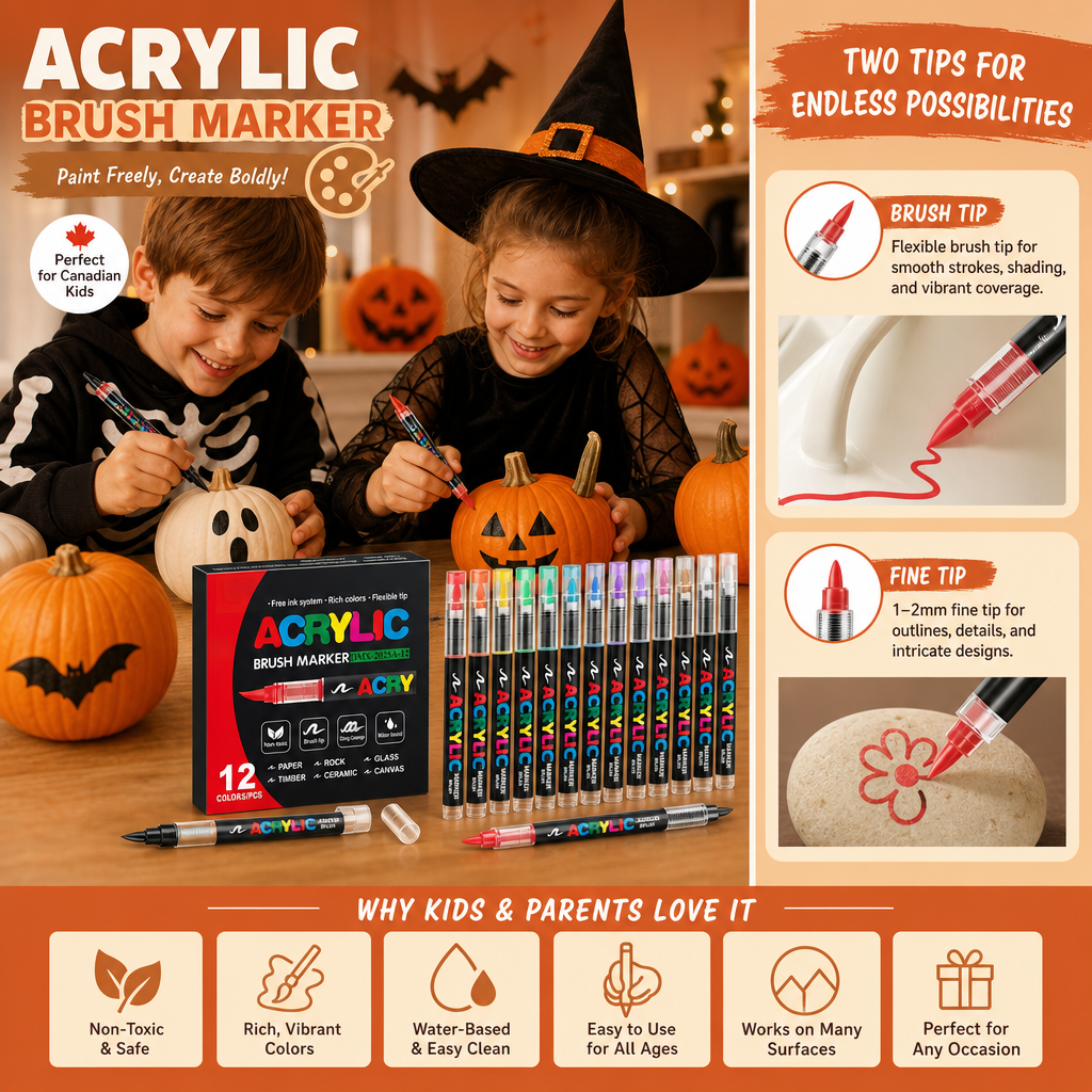 Dual-Tip Acrylic Paint Marker Set with Fine & Brush Tips