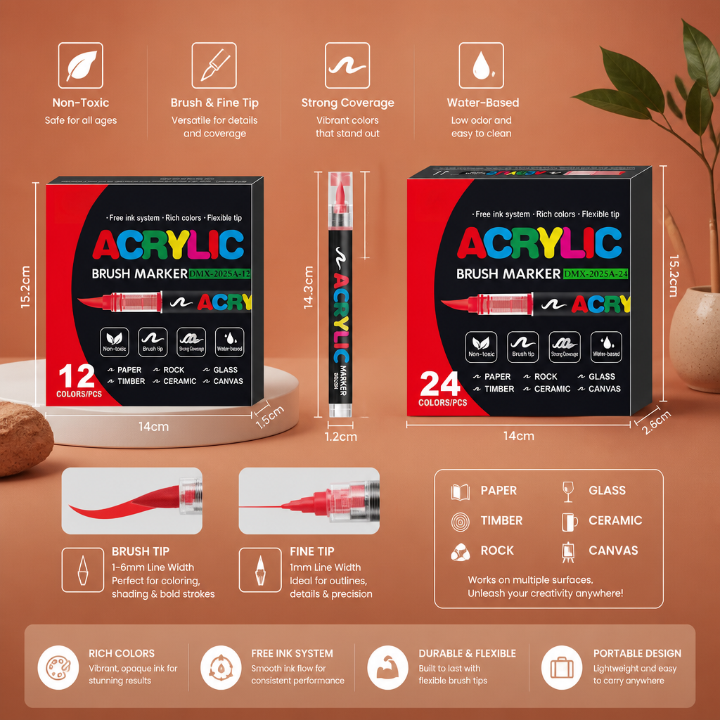 Dual-Tip Acrylic Paint Marker Set with Fine & Brush Tips