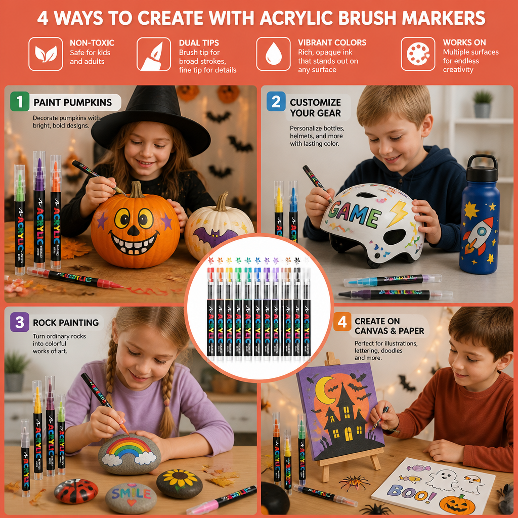 Dual-Tip Acrylic Paint Marker Set with Fine & Brush Tips