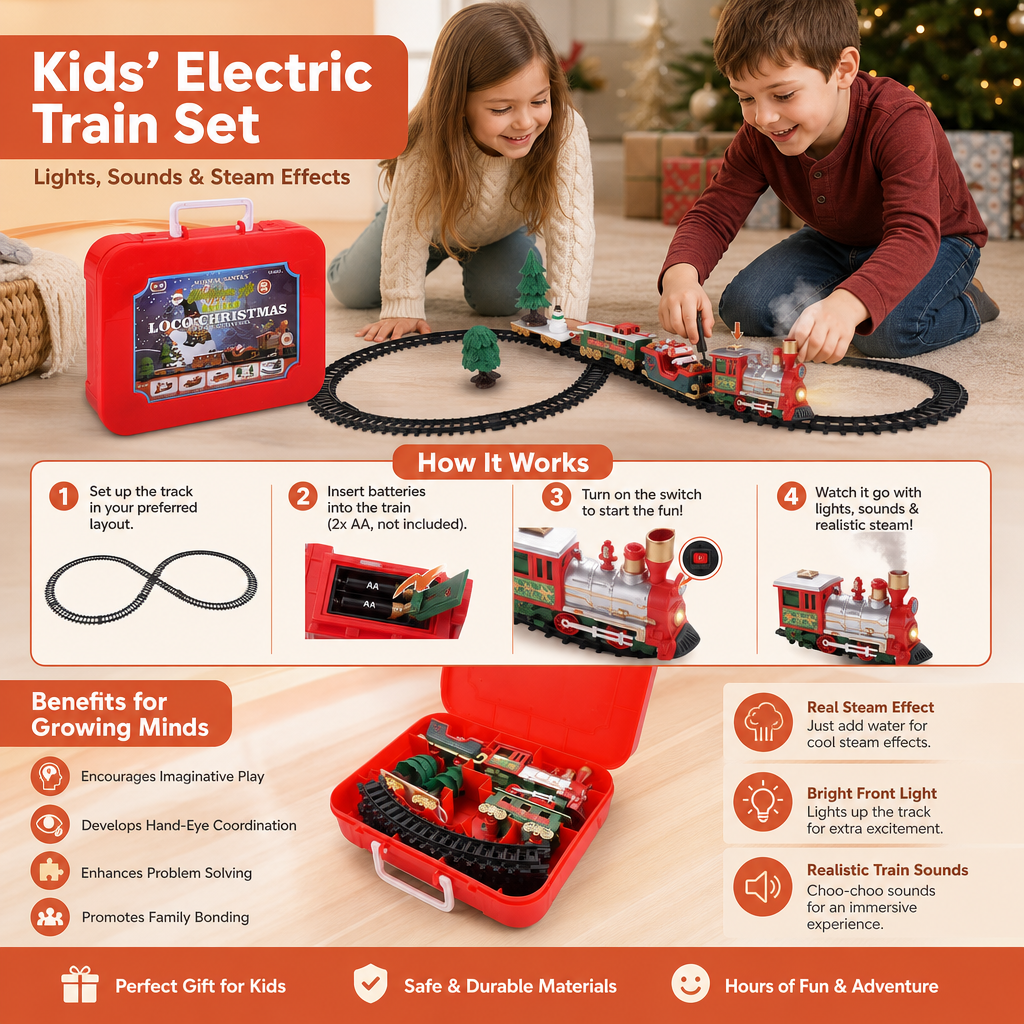 Kids’ Electric Train Set with Lights, Sounds & Steam Effects