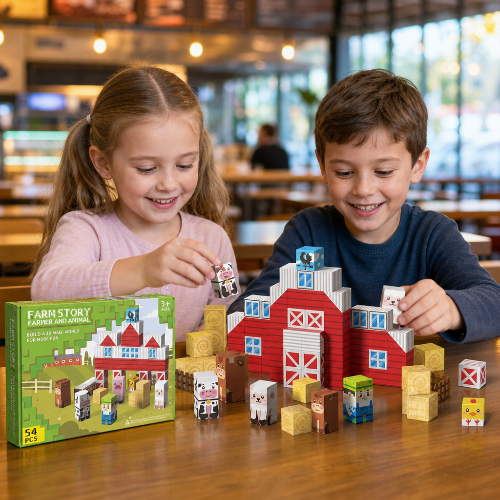 Farm Story Magnetic Building Blocks Travel Playset with Animals & Barn