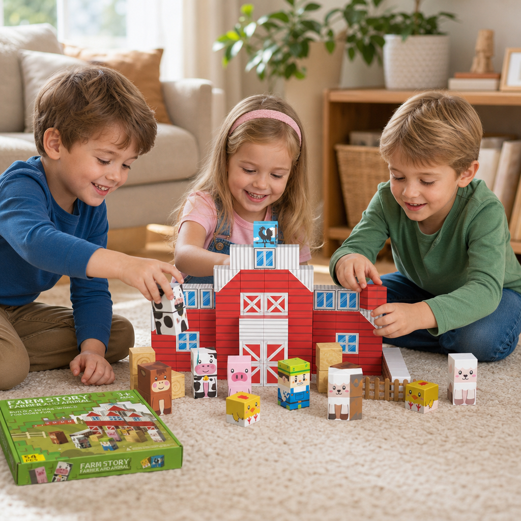 Farm Story Magnetic Building Blocks Travel Playset with Animals & Barn