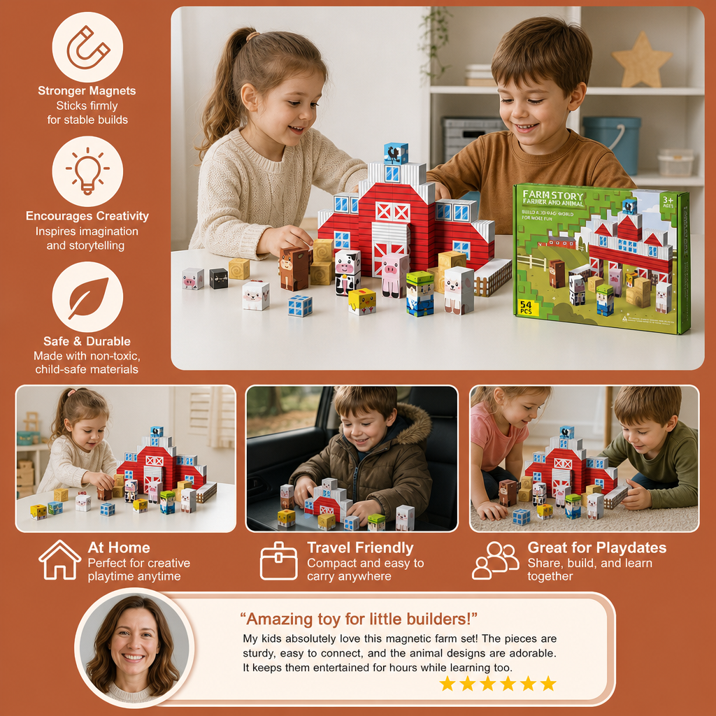 Farm Story Magnetic Building Blocks Travel Playset with Animals & Barn