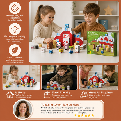 Farm Story Magnetic Building Blocks Travel Playset with Animals & Barn