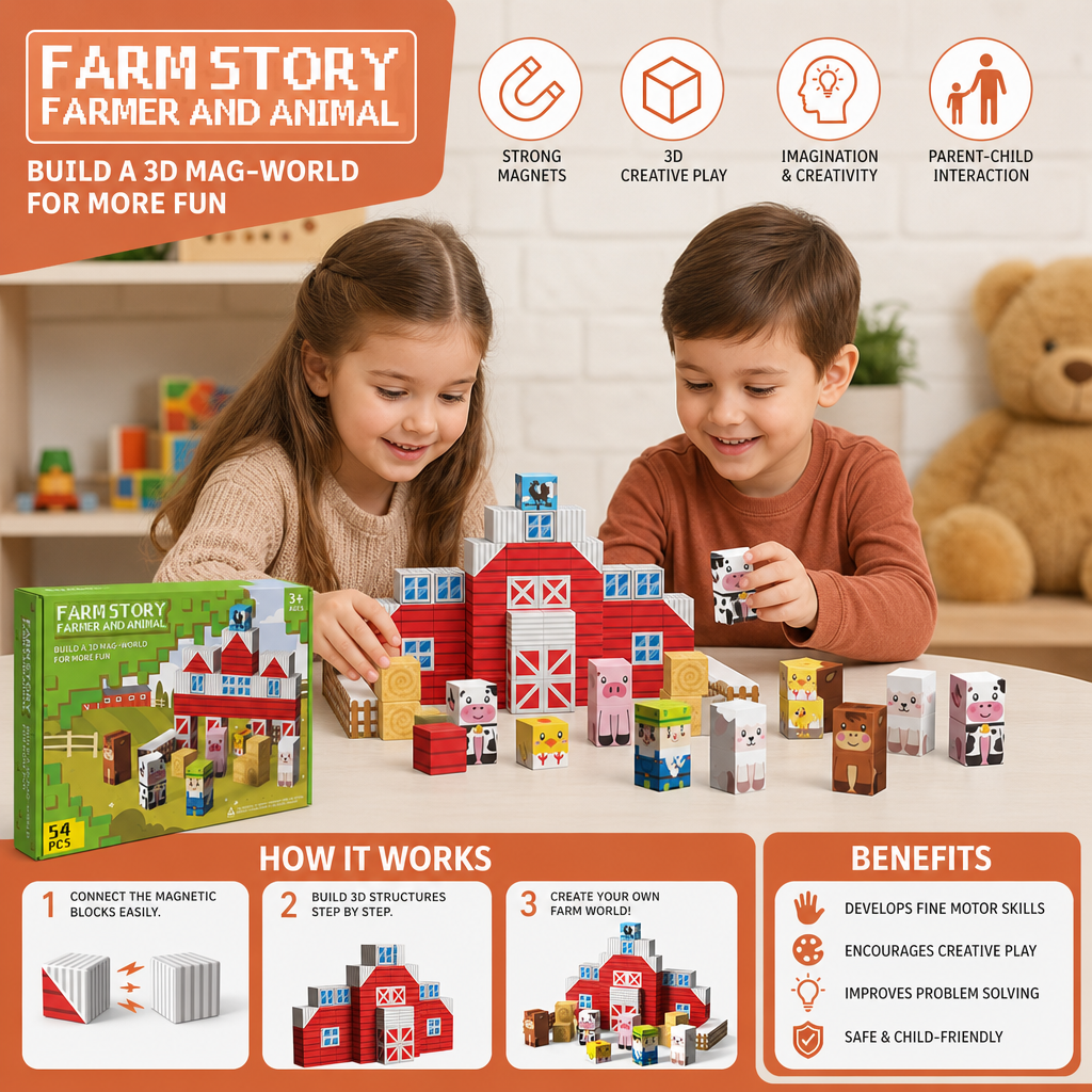 Farm Story Magnetic Building Blocks Travel Playset with Animals & Barn
