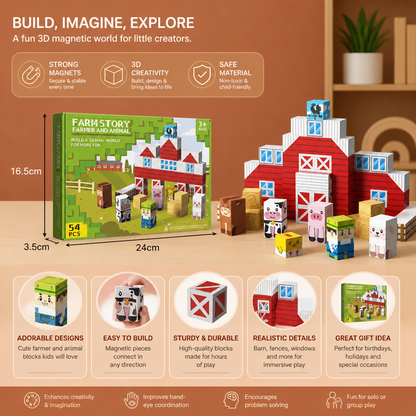 Farm Story Magnetic Building Blocks Travel Playset with Animals & Barn