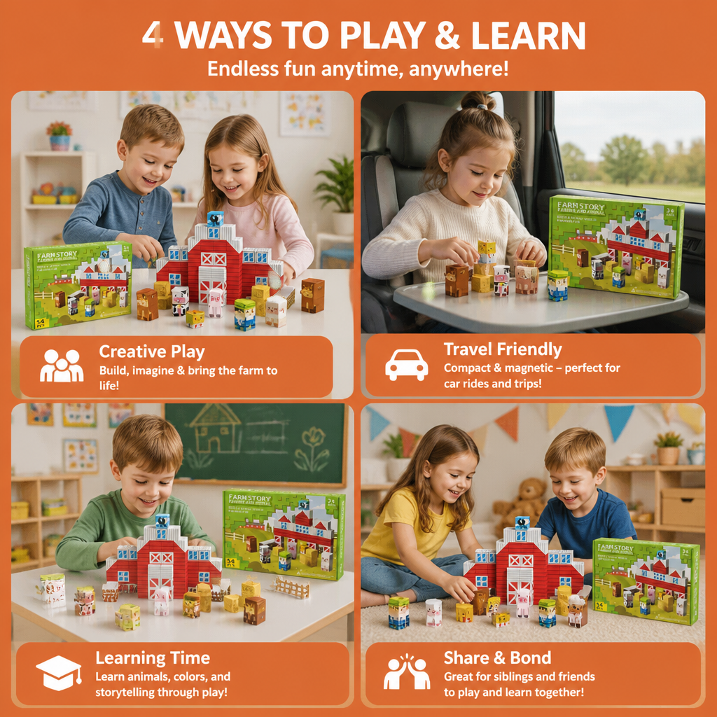 Farm Story Magnetic Building Blocks Travel Playset with Animals & Barn