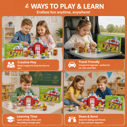 Farm Story Magnetic Building Blocks Travel Playset with Animals & Barn