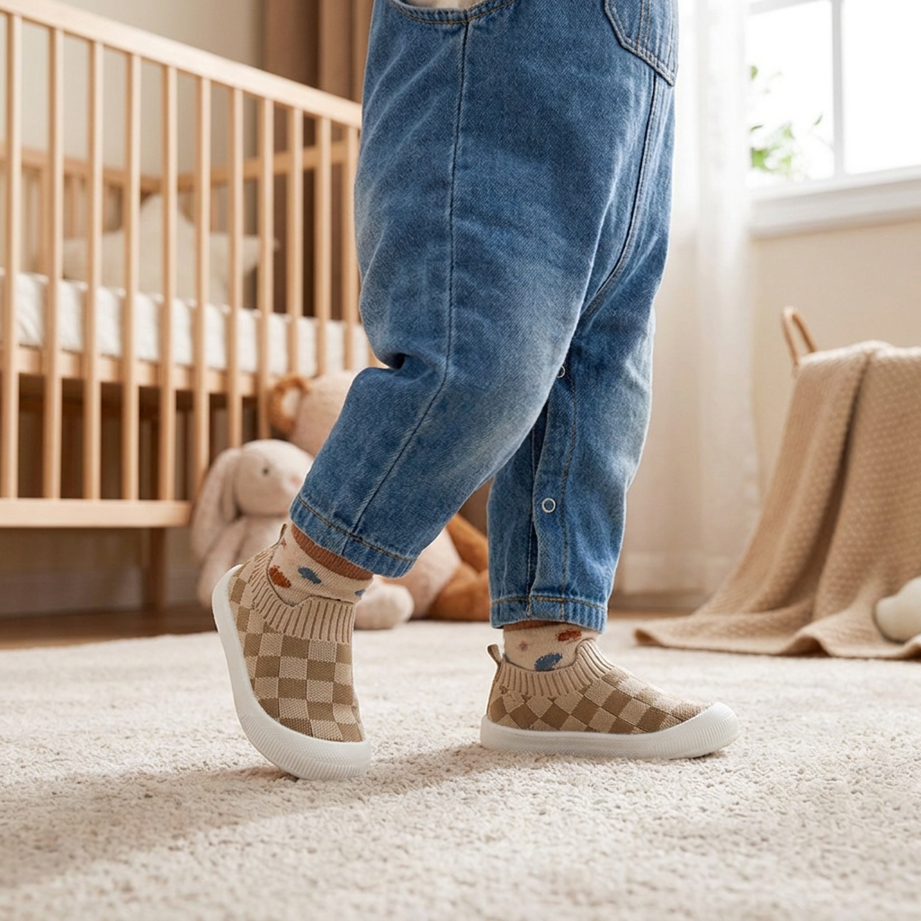Checkered Lightweight Baby Walking Shoes with Soft, Non-Slip Soles