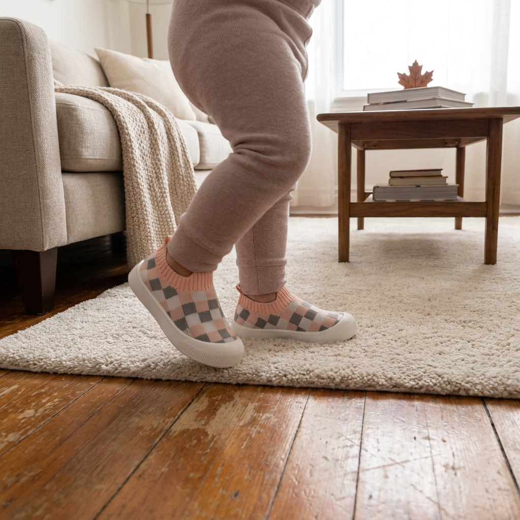 Checkered Lightweight Baby Walking Shoes with Soft, Non-Slip Soles